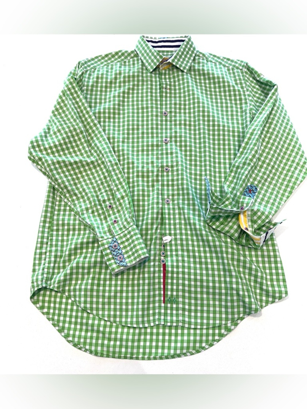 Men's Robert Graham X Flip Cuff Pop-Collar Green Gingham Button-Up Shirt